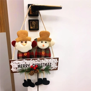 Christmas Door Hanging Cloth Santa Snowman Reindeer Wood Merry Christmas Sign Pine Cones Bells Holiday Home Decor