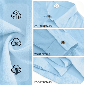 Men's light blue long sleeve linen shirt with detail views of collar and fabric texture