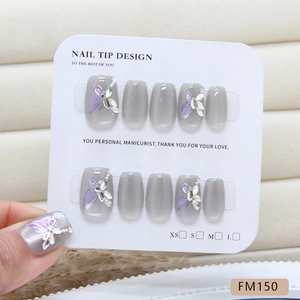 Handmade dreamy purple butterfly cat-eye press-on nails with sparkling rhinestones