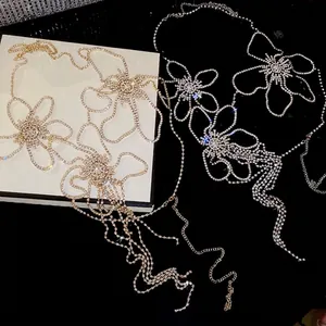 Exquisite flower rhinestone body chains with sparkling tassels in gold and silver colors