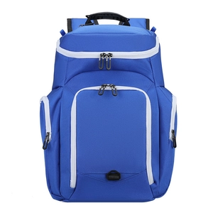 Blue nylon sports backpack featuring reinforced top handle and multiple zip compartments