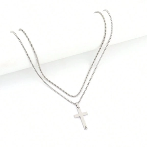 Layered stainless steel twisted and box chains with silver letter A cross pendant necklace