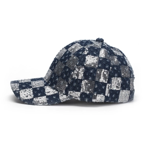 Distressed denim baseball cap with silver sequin checkerboard pattern on white background