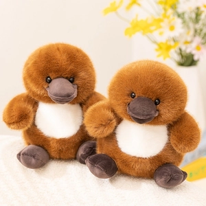Plush platypus stuffed animal toy with soft brown faux fur and cute round design