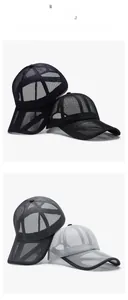 Detail view of breathable mesh baseball caps in black and grey for outdoor summer sports