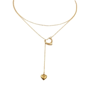 Double-layered golden Y-necklace featuring hollow and solid heart pendants in titanium steel