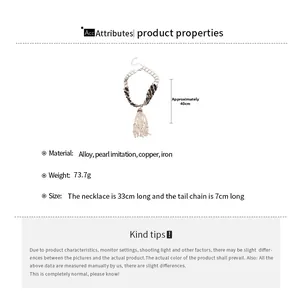 Detailed size specifications for a layered fringe necklace with pearls and alloy chains