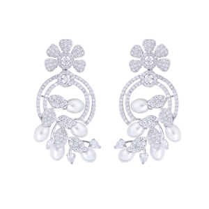 Elegant silver flower pearl earrings with micro-set zircons and white drop pearl accents