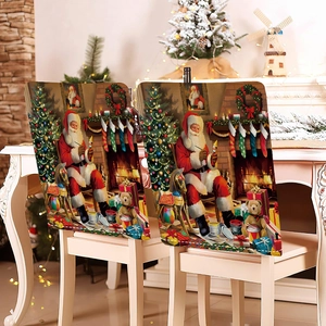 Detail of Christmas chair covers featuring Santa Claus by the fireplace with holiday decor