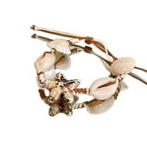Handmade woven seashell bracelet with natural starfish and pearls for beach vacation