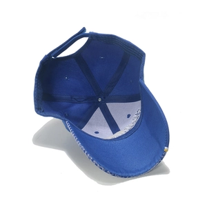 Detailed interior view of royal blue baseball cap featuring inner embroidery and velcro strap