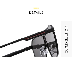 Detailansicht der schwarzen quadratischen Sonnenbrille mit rotem Akzent am Brillenbügel