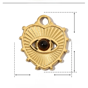 Detailed size parameters of heart-shaped evil eye pendant in gold stainless steel