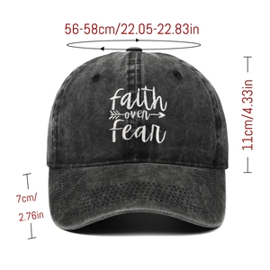 Detail of Faith Over Fear embroidery on washed cotton baseball cap with sizing specs
