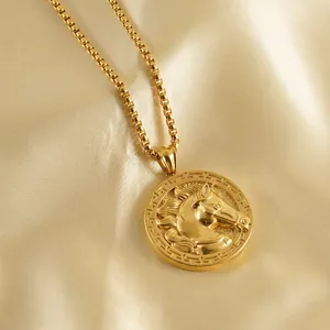 Horse Head Pendant Necklace Stainless Steel 18K Gold Plated 3D Relief Round Coin Greek Key Pattern Box Chain Unisex