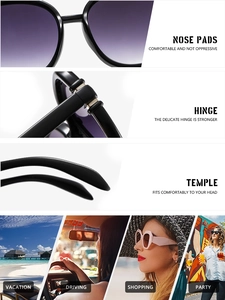 Detail view of premium hinges and purple gradient lenses on stylish square sunglasses