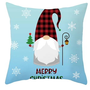 Christmas gnome pillowcase with red plaid hat holding a tree and lantern on blue snowflake background