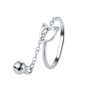 Chic silver hollow cat head opening ring with a dangling bell charm on white background