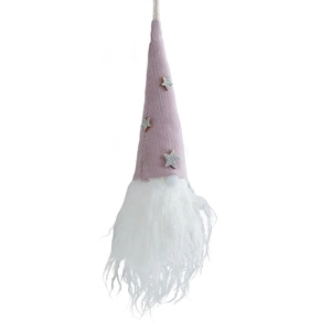Pink Christmas gnome hanging ornament with silver stars and white plush beard decor