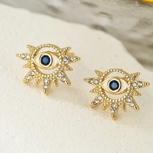 18K gold plated evil eye stud earrings with blue zircon in a geometric design