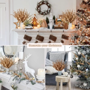 Golden artificial eucalyptus stems displayed as elegant Christmas mantel decor