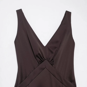 Sleeveless deep brown satin maxi dress with V-neckline and smooth lustrous finish