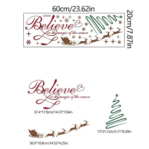 Christmas wall decal featuring Believe lettering, Santa sleigh, and trees in 60x20cm size