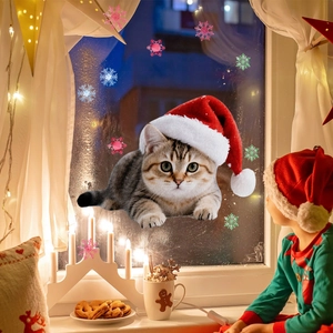 Cozy scene with snowman and cat Christmas window static clings for festive home decoration