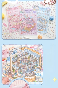 Macro detail of large 3D miniature scene stickers with cute dessert shop and architecture