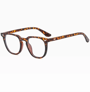 Detail view of tortoiseshell square eyeglass frame with vintage metallic rivets on the side