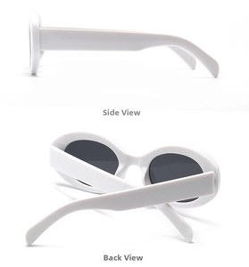 Detail view showing side and back profiles of white marble oval sunglasses with dark lenses
