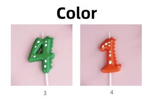 Detail of dinosaur number candles 1 and 4 with white polka dots and back fins