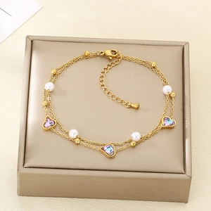 Double-layered gold stainless steel anklet with colorful heart stone and pearls
