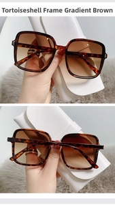 Detail of tortoise frame sunglasses with gradient tea lenses and white leather case