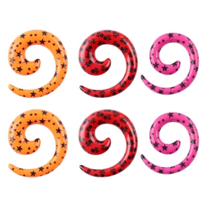 Lot de 6 écarteurs d'oreilles spirale orange, rouge et rose avec motifs étoiles