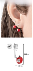 Detail view of red apple stud earring with zircon top and silver leaf design