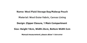 Detailed size specifications for a plaid woolen cosmetic bag with a canvas lining