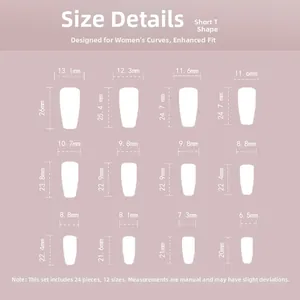 Detailed size chart for 24pcs short coffin press-on nails with 12 specific dimensions