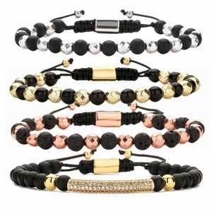 Men Beaded Adjustable Bracelet Matte Stone Lava Rock Copper Geometric Charm Braided Cord Hand Jewelry