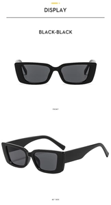 Front and 45-degree side view of stylish black rectangle sunglasses with wide temples