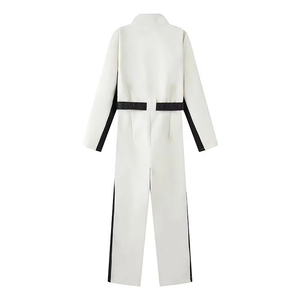 White long sleeve ski jumpsuit with black side stripes and stand collar for women