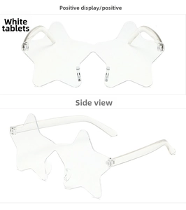 Detailed front and side views of clear star shaped rimless sunglasses for kids and parties