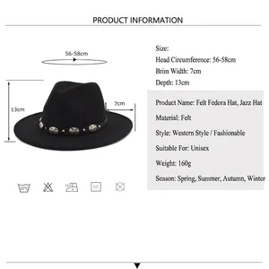 Black wool fedora hat with metallic stud leather belt detail for women jazz style