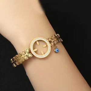 Elegant Gold Plated Titanium Steel Hollow Bangle Bracelet With Blue Evil Eye Charm And Sparkling Zircon Inlay Bohemian