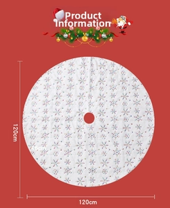 Detailed size chart of white plush Christmas tree skirt with colorful snowflake embroidery