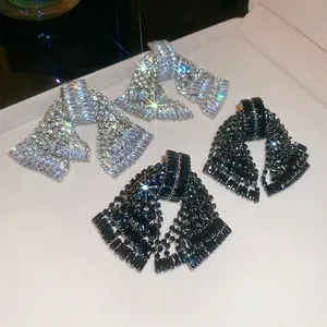 Bow-knot tassel drop earrings with crystals in silver and black colors
