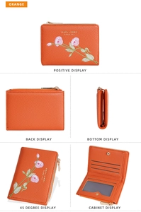 Detailed views of orange leather wallet with floral embroidery and interior compartments