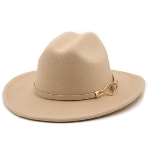 Classic beige wool felt fedora with a flat brim and leather band with gold buckle
