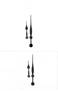 Detailed view of matte black metal clock hands including hour and minute needles for repair