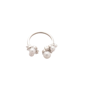 Elegant adjustable silver ring featuring diverse white pearls and shimmering zircons